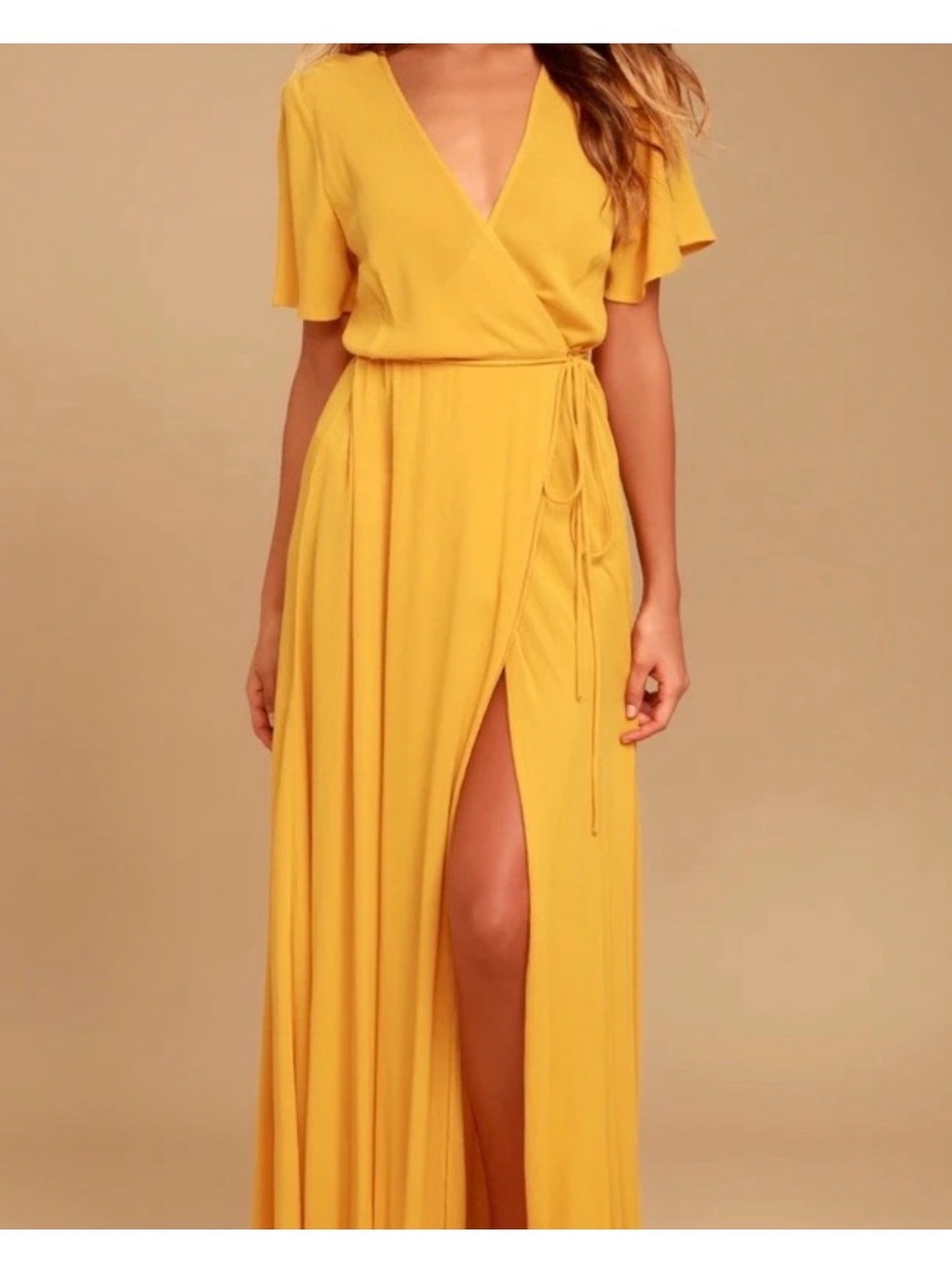 Lulu's Mustard Yellow Wrap Maxi Dress with High Slit